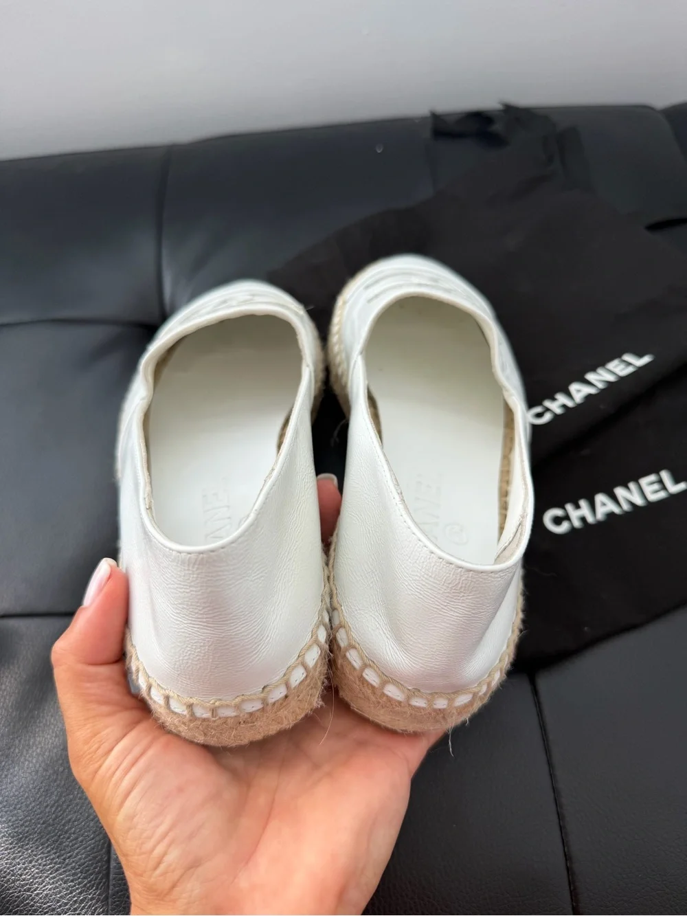 CHANEL White Leather CC Espadrilles Shoes Flats Size 36